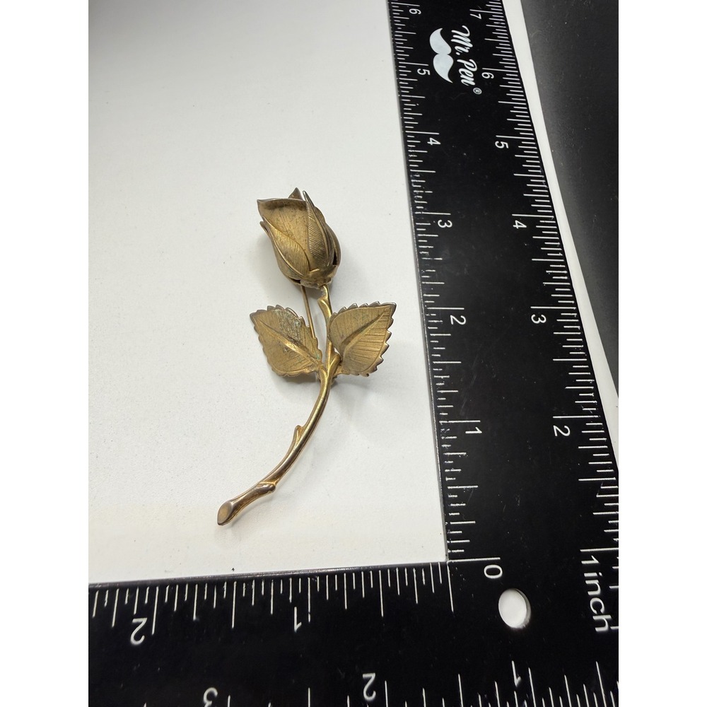 Giovanni Vintage Gold Tone Rose Brooch Long Stem Flower Pin Signed Mid Century